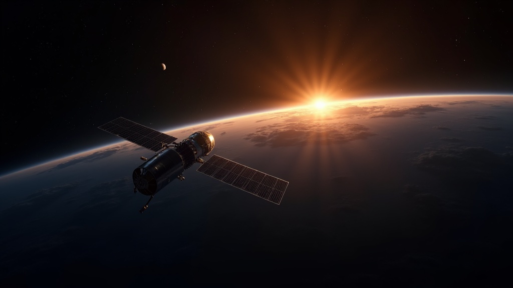 Ein Satellit fliegt genau entlang der Tag-Nacht-Grenze der Erde, die Sonne auf seinen Panels