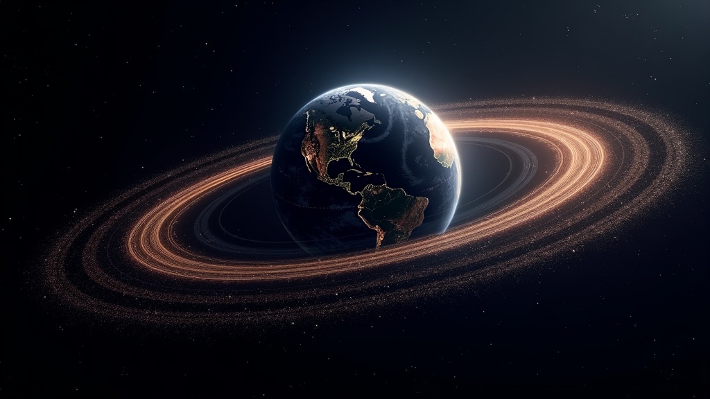 Die Erde aus dem All, umgeben von leuchtenden Ringen aus Satellitenbahnen